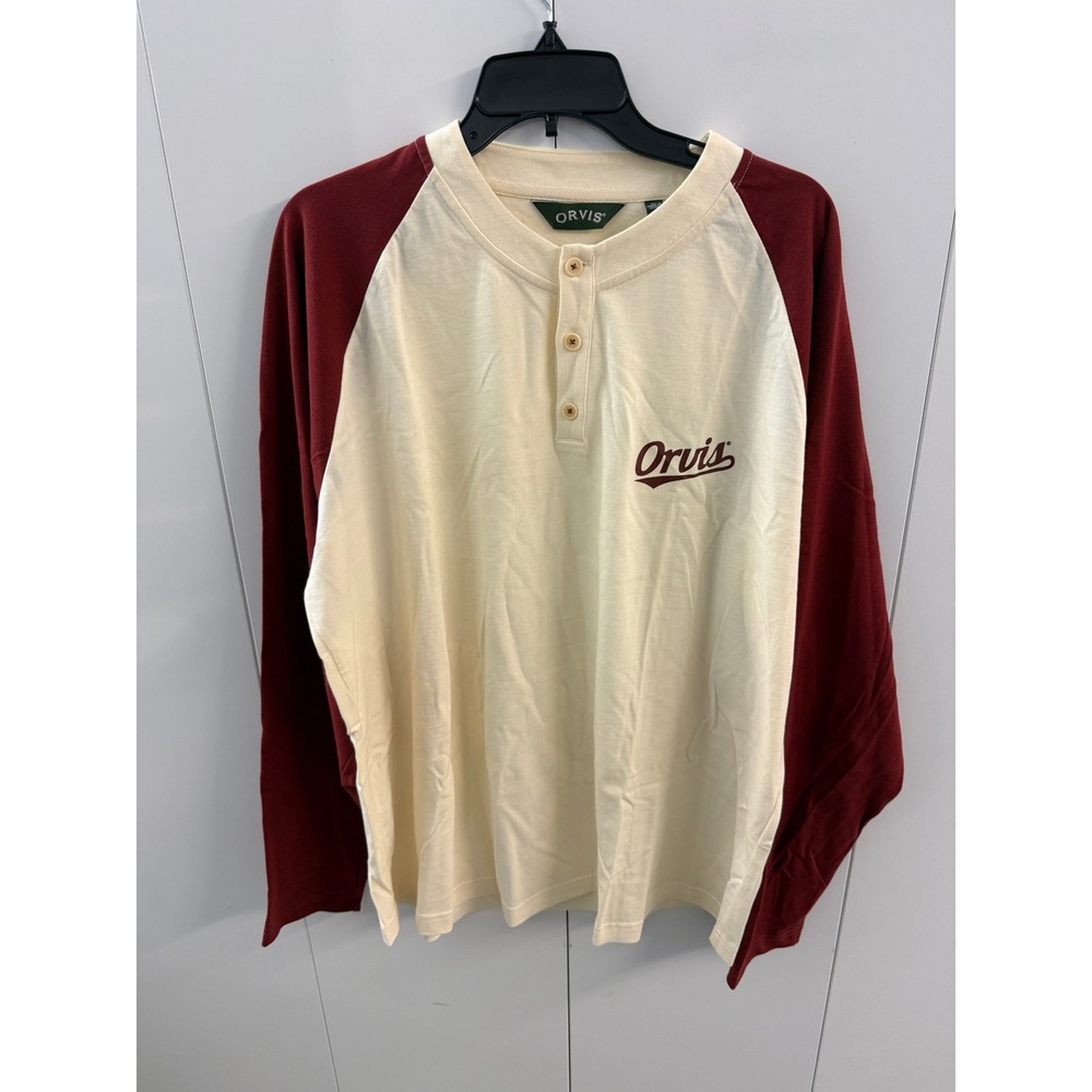 Orvis Mens XL Henley Shirt Long Sleeve Raglan Baseball Cotton Cream Burgundy